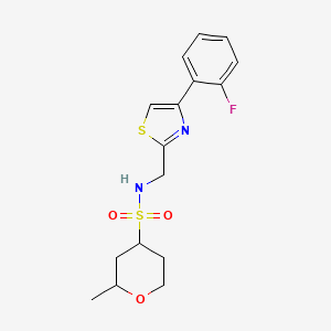 molecular formula C16H19FN2O3S2 B7237995 N-[[4-(2-fluorophenyl)-1,3-thiazol-2-yl]methyl]-2-methyloxane-4-sulfonamide 