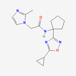 molecular formula C16H21N5O2 B7240345 N-[1-(5-cyclopropyl-1,2,4-oxadiazol-3-yl)cyclopentyl]-2-(2-methylimidazol-1-yl)acetamide 