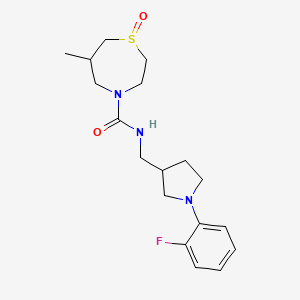 molecular formula C18H26FN3O2S B7240607 N-[[1-(2-fluorophenyl)pyrrolidin-3-yl]methyl]-6-methyl-1-oxo-1,4-thiazepane-4-carboxamide 