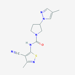 molecular formula C14H16N6OS B7240862 N-(4-cyano-3-methyl-1,2-thiazol-5-yl)-3-(4-methylpyrazol-1-yl)pyrrolidine-1-carboxamide 
