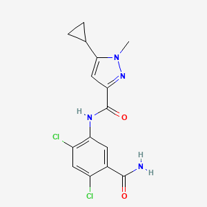 molecular formula C15H14Cl2N4O2 B7245125 N-(5-carbamoyl-2,4-dichlorophenyl)-5-cyclopropyl-1-methylpyrazole-3-carboxamide 