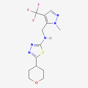 molecular formula C13H16F3N5OS B7253227 N-[[2-methyl-4-(trifluoromethyl)pyrazol-3-yl]methyl]-5-(oxan-4-yl)-1,3,4-thiadiazol-2-amine 