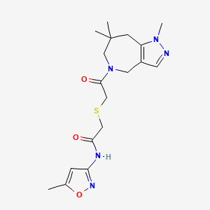 molecular formula C18H25N5O3S B7256526 N-(5-methyl-1,2-oxazol-3-yl)-2-[2-oxo-2-(1,7,7-trimethyl-6,8-dihydro-4H-pyrazolo[4,3-c]azepin-5-yl)ethyl]sulfanylacetamide 