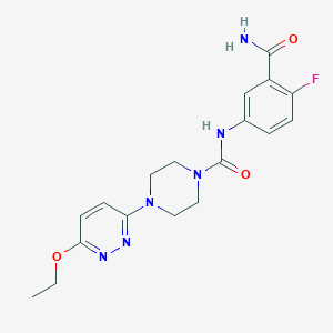 molecular formula C18H21FN6O3 B7256778 N-(3-carbamoyl-4-fluorophenyl)-4-(6-ethoxypyridazin-3-yl)piperazine-1-carboxamide 