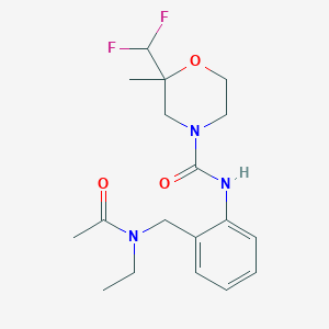 molecular formula C18H25F2N3O3 B7257536 N-[2-[[acetyl(ethyl)amino]methyl]phenyl]-2-(difluoromethyl)-2-methylmorpholine-4-carboxamide 