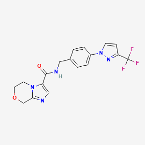 molecular formula C18H16F3N5O2 B7258040 N-[[4-[3-(trifluoromethyl)pyrazol-1-yl]phenyl]methyl]-6,8-dihydro-5H-imidazo[2,1-c][1,4]oxazine-3-carboxamide 
