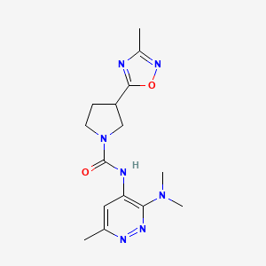 molecular formula C15H21N7O2 B7258080 N-[3-(dimethylamino)-6-methylpyridazin-4-yl]-3-(3-methyl-1,2,4-oxadiazol-5-yl)pyrrolidine-1-carboxamide 
