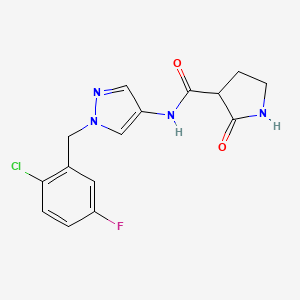 molecular formula C15H14ClFN4O2 B7259592 N-[1-[(2-chloro-5-fluorophenyl)methyl]pyrazol-4-yl]-2-oxopyrrolidine-3-carboxamide 