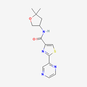 molecular formula C14H16N4O2S B7259684 N-(5,5-dimethyloxolan-3-yl)-2-pyrazin-2-yl-1,3-thiazole-4-carboxamide 