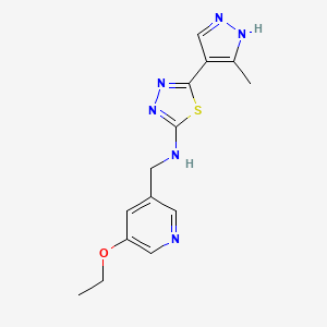 molecular formula C14H16N6OS B7260796 N-[(5-ethoxypyridin-3-yl)methyl]-5-(5-methyl-1H-pyrazol-4-yl)-1,3,4-thiadiazol-2-amine 