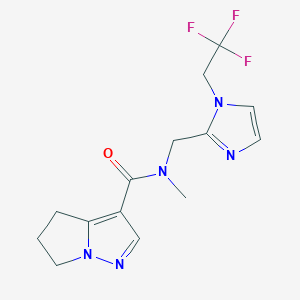 molecular formula C14H16F3N5O B7260870 N-methyl-N-[[1-(2,2,2-trifluoroethyl)imidazol-2-yl]methyl]-5,6-dihydro-4H-pyrrolo[1,2-b]pyrazole-3-carboxamide 