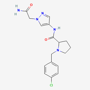 molecular formula C17H20ClN5O2 B7261635 N-[1-(2-amino-2-oxoethyl)pyrazol-4-yl]-1-[(4-chlorophenyl)methyl]pyrrolidine-2-carboxamide 