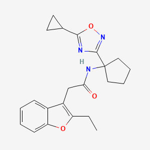 molecular formula C22H25N3O3 B7262149 N-[1-(5-cyclopropyl-1,2,4-oxadiazol-3-yl)cyclopentyl]-2-(2-ethyl-1-benzofuran-3-yl)acetamide 