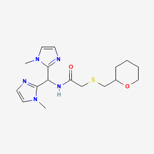 molecular formula C17H25N5O2S B7263370 N-[bis(1-methylimidazol-2-yl)methyl]-2-(oxan-2-ylmethylsulfanyl)acetamide 
