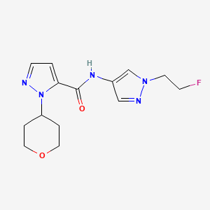 molecular formula C14H18FN5O2 B7263431 N-[1-(2-fluoroethyl)pyrazol-4-yl]-2-(oxan-4-yl)pyrazole-3-carboxamide 