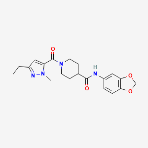 molecular formula C20H24N4O4 B7271132 N-(1,3-benzodioxol-5-yl)-1-(5-ethyl-2-methylpyrazole-3-carbonyl)piperidine-4-carboxamide 