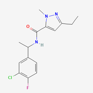 molecular formula C15H17ClFN3O B7271221 N-[1-(3-chloro-4-fluorophenyl)ethyl]-5-ethyl-2-methylpyrazole-3-carboxamide 
