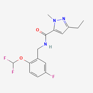 molecular formula C15H16F3N3O2 B7271944 N-[[2-(difluoromethoxy)-5-fluorophenyl]methyl]-5-ethyl-2-methylpyrazole-3-carboxamide 