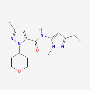 molecular formula C16H23N5O2 B7272253 N-(5-ethyl-2-methylpyrazol-3-yl)-5-methyl-2-(oxan-4-yl)pyrazole-3-carboxamide 