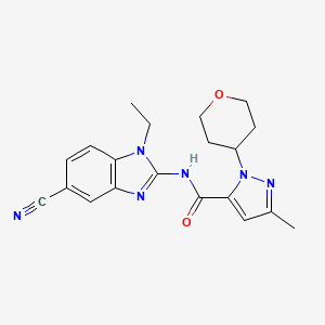 molecular formula C20H22N6O2 B7272259 N-(5-cyano-1-ethylbenzimidazol-2-yl)-5-methyl-2-(oxan-4-yl)pyrazole-3-carboxamide 