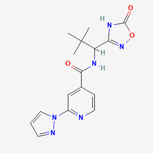 molecular formula C16H18N6O3 B7272711 N-[2,2-dimethyl-1-(5-oxo-4H-1,2,4-oxadiazol-3-yl)propyl]-2-pyrazol-1-ylpyridine-4-carboxamide 