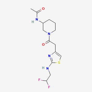 molecular formula C14H20F2N4O2S B7273136 N-[1-[2-[2-(2,2-difluoroethylamino)-1,3-thiazol-4-yl]acetyl]piperidin-3-yl]acetamide 
