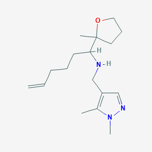 molecular formula C17H29N3O B7273629 N-[(1,5-dimethylpyrazol-4-yl)methyl]-1-(2-methyloxolan-2-yl)hex-5-en-1-amine 