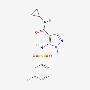 molecular formula C14H15FN4O3S B7273750 N-cyclopropyl-5-[(3-fluorophenyl)sulfonylamino]-1-methylpyrazole-4-carboxamide 