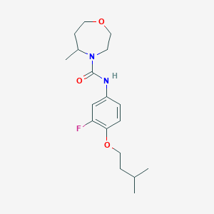 molecular formula C18H27FN2O3 B7274159 N-[3-fluoro-4-(3-methylbutoxy)phenyl]-5-methyl-1,4-oxazepane-4-carboxamide 