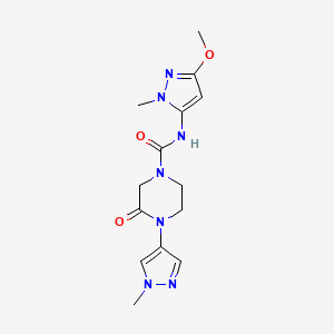 molecular formula C14H19N7O3 B7274395 N-(5-methoxy-2-methylpyrazol-3-yl)-4-(1-methylpyrazol-4-yl)-3-oxopiperazine-1-carboxamide 