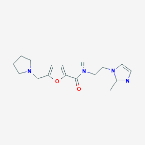 molecular formula C16H22N4O2 B7277938 N-[2-(2-methylimidazol-1-yl)ethyl]-5-(pyrrolidin-1-ylmethyl)furan-2-carboxamide 