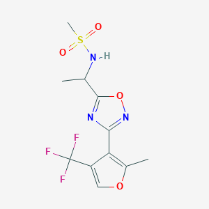 molecular formula C11H12F3N3O4S B7279923 N-[1-[3-[2-methyl-4-(trifluoromethyl)furan-3-yl]-1,2,4-oxadiazol-5-yl]ethyl]methanesulfonamide 
