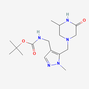 molecular formula C16H27N5O3 B7280506 tert-butyl N-[[1-methyl-5-[(3-methyl-5-oxopiperazin-1-yl)methyl]pyrazol-4-yl]methyl]carbamate 