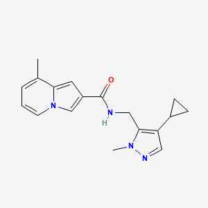 molecular formula C18H20N4O B7281321 N-[(4-cyclopropyl-2-methylpyrazol-3-yl)methyl]-8-methylindolizine-2-carboxamide 