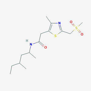 molecular formula C15H26N2O3S2 B7281365 N-(4-methylhexan-2-yl)-2-[4-methyl-2-(methylsulfonylmethyl)-1,3-thiazol-5-yl]acetamide 
