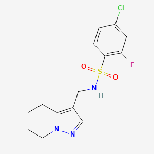 molecular formula C14H15ClFN3O2S B7281500 4-chloro-2-fluoro-N-(4,5,6,7-tetrahydropyrazolo[1,5-a]pyridin-3-ylmethyl)benzenesulfonamide 