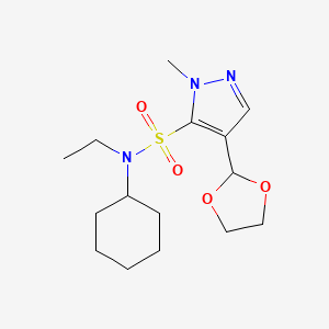 molecular formula C15H25N3O4S B7281682 N-cyclohexyl-4-(1,3-dioxolan-2-yl)-N-ethyl-2-methylpyrazole-3-sulfonamide 