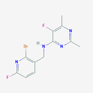 molecular formula C12H11BrF2N4 B7281877 N-[(2-bromo-6-fluoropyridin-3-yl)methyl]-5-fluoro-2,6-dimethylpyrimidin-4-amine 