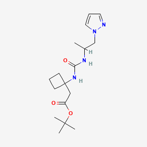 molecular formula C17H28N4O3 B7282322 Tert-butyl 2-[1-(1-pyrazol-1-ylpropan-2-ylcarbamoylamino)cyclobutyl]acetate 
