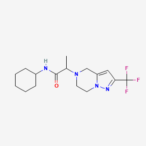 molecular formula C16H23F3N4O B7286162 N-cyclohexyl-2-[2-(trifluoromethyl)-6,7-dihydro-4H-pyrazolo[1,5-a]pyrazin-5-yl]propanamide 