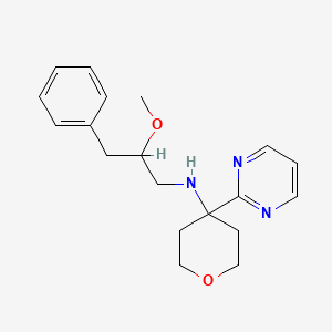 molecular formula C19H25N3O2 B7286790 N-(2-methoxy-3-phenylpropyl)-4-pyrimidin-2-yloxan-4-amine 