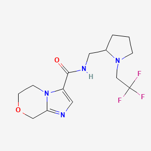 molecular formula C14H19F3N4O2 B7291372 N-[[1-(2,2,2-trifluoroethyl)pyrrolidin-2-yl]methyl]-6,8-dihydro-5H-imidazo[2,1-c][1,4]oxazine-3-carboxamide 