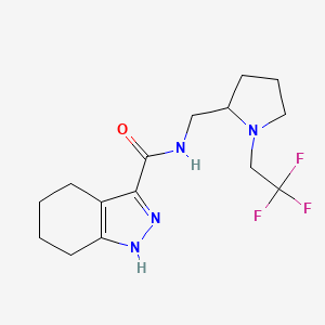 molecular formula C15H21F3N4O B7291379 N-[[1-(2,2,2-trifluoroethyl)pyrrolidin-2-yl]methyl]-4,5,6,7-tetrahydro-1H-indazole-3-carboxamide 