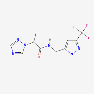 molecular formula C11H13F3N6O B7291413 N-[[2-methyl-5-(trifluoromethyl)pyrazol-3-yl]methyl]-2-(1,2,4-triazol-1-yl)propanamide 