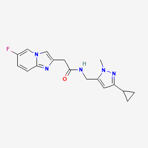 molecular formula C17H18FN5O B7292346 N-[(5-cyclopropyl-2-methylpyrazol-3-yl)methyl]-2-(6-fluoroimidazo[1,2-a]pyridin-2-yl)acetamide 
