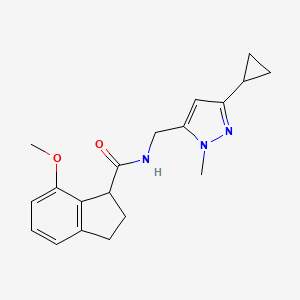 molecular formula C19H23N3O2 B7292348 N-[(5-cyclopropyl-2-methylpyrazol-3-yl)methyl]-7-methoxy-2,3-dihydro-1H-indene-1-carboxamide 