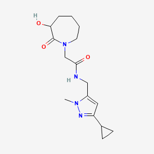 molecular formula C16H24N4O3 B7292349 N-[(5-cyclopropyl-2-methylpyrazol-3-yl)methyl]-2-(3-hydroxy-2-oxoazepan-1-yl)acetamide 
