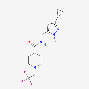 molecular formula C16H23F3N4O B7292358 N-[(5-cyclopropyl-2-methylpyrazol-3-yl)methyl]-1-(2,2,2-trifluoroethyl)piperidine-4-carboxamide 