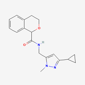 molecular formula C18H21N3O2 B7292364 N-[(5-cyclopropyl-2-methylpyrazol-3-yl)methyl]-3,4-dihydro-1H-isochromene-1-carboxamide 