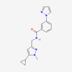 molecular formula C18H19N5O B7292477 N-[(5-cyclopropyl-1-methylpyrazol-3-yl)methyl]-3-pyrazol-1-ylbenzamide 